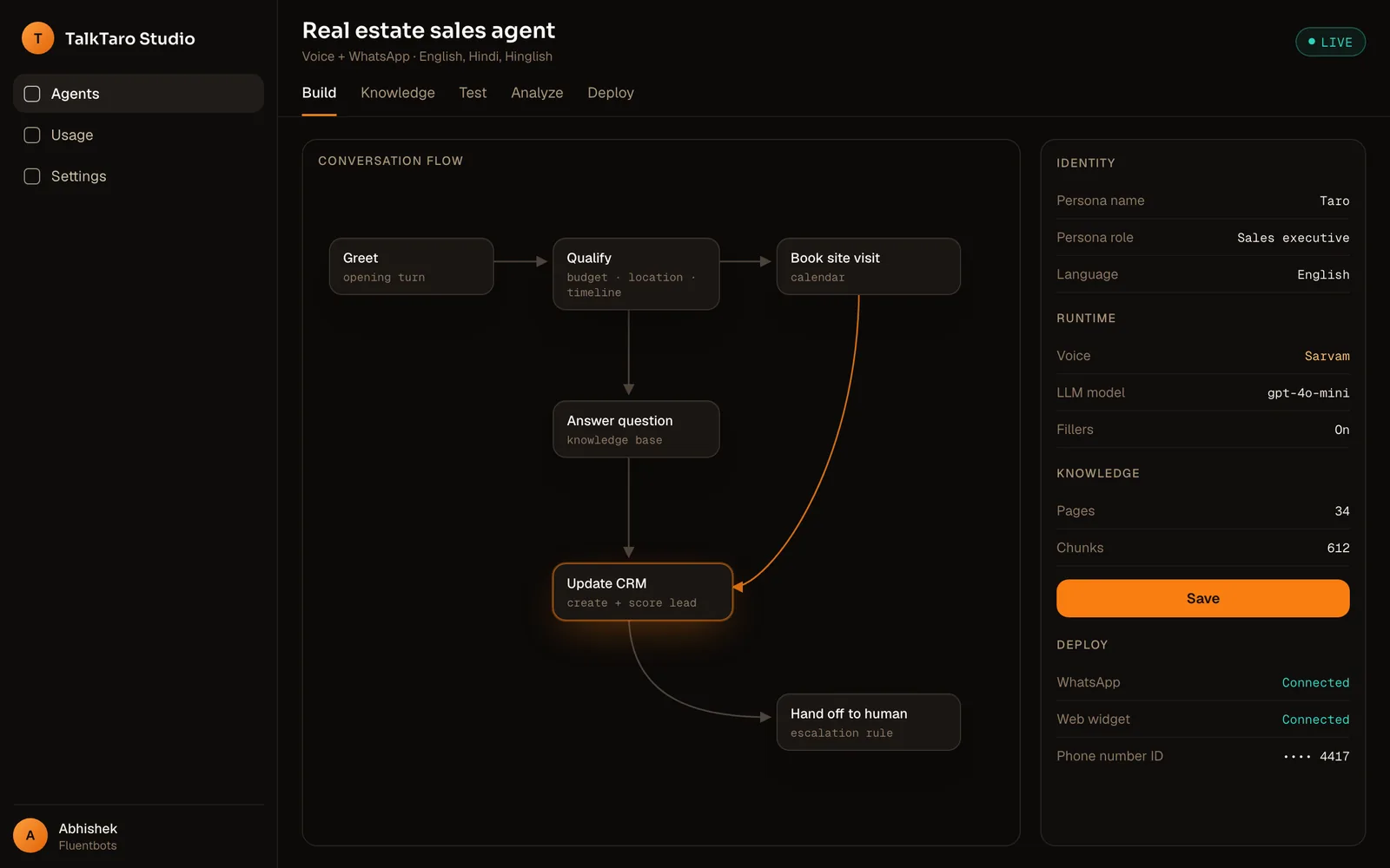 TalkTaro conversational AI platform dashboard